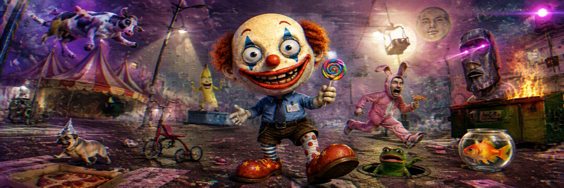 CLOWN in a chaotic dreamscape holding a lollipop
